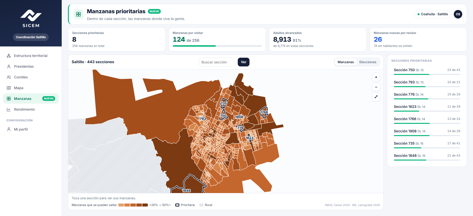 Manzanas prioritarias: mapa de calor de las secciones de Saltillo