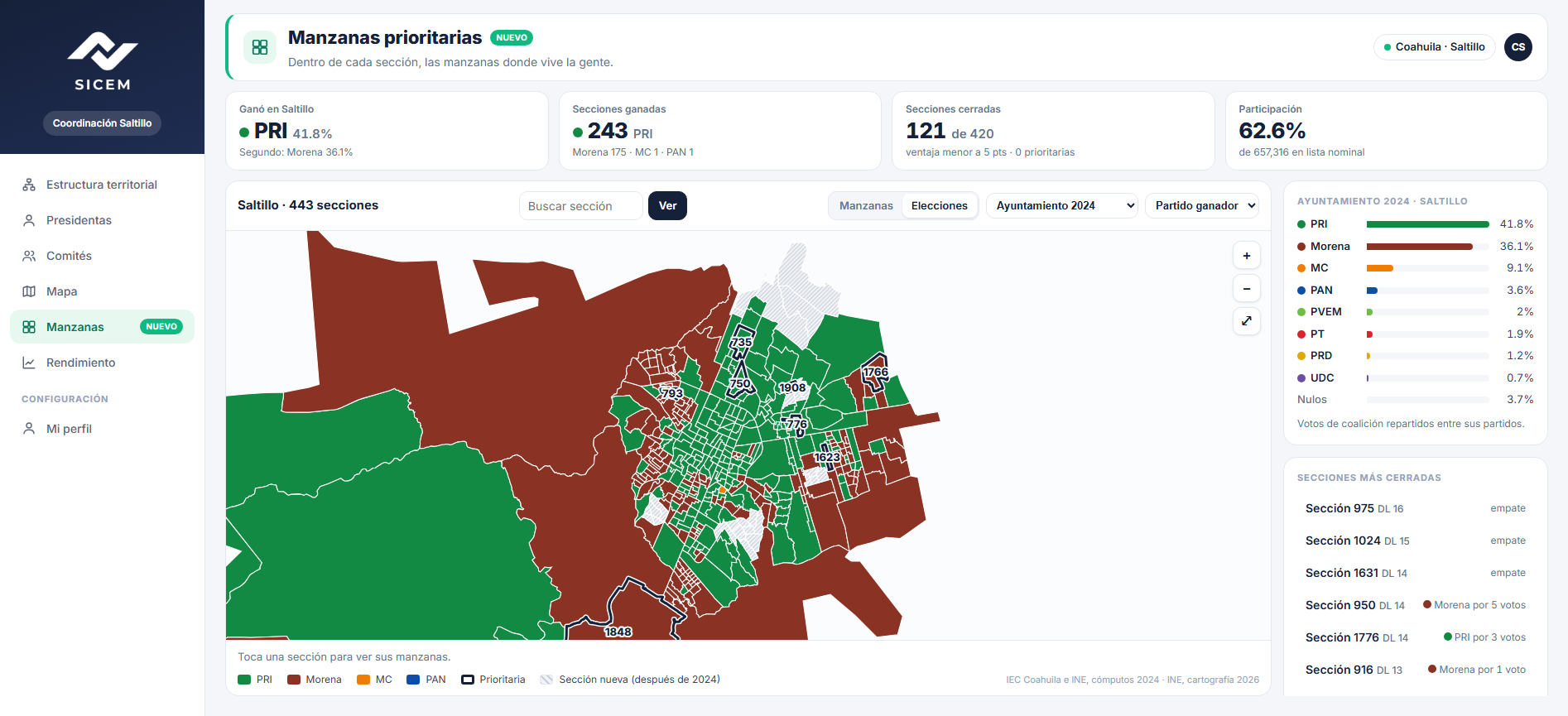 Capa electoral: partido ganador por sección en el Ayuntamiento 2024 de Saltillo