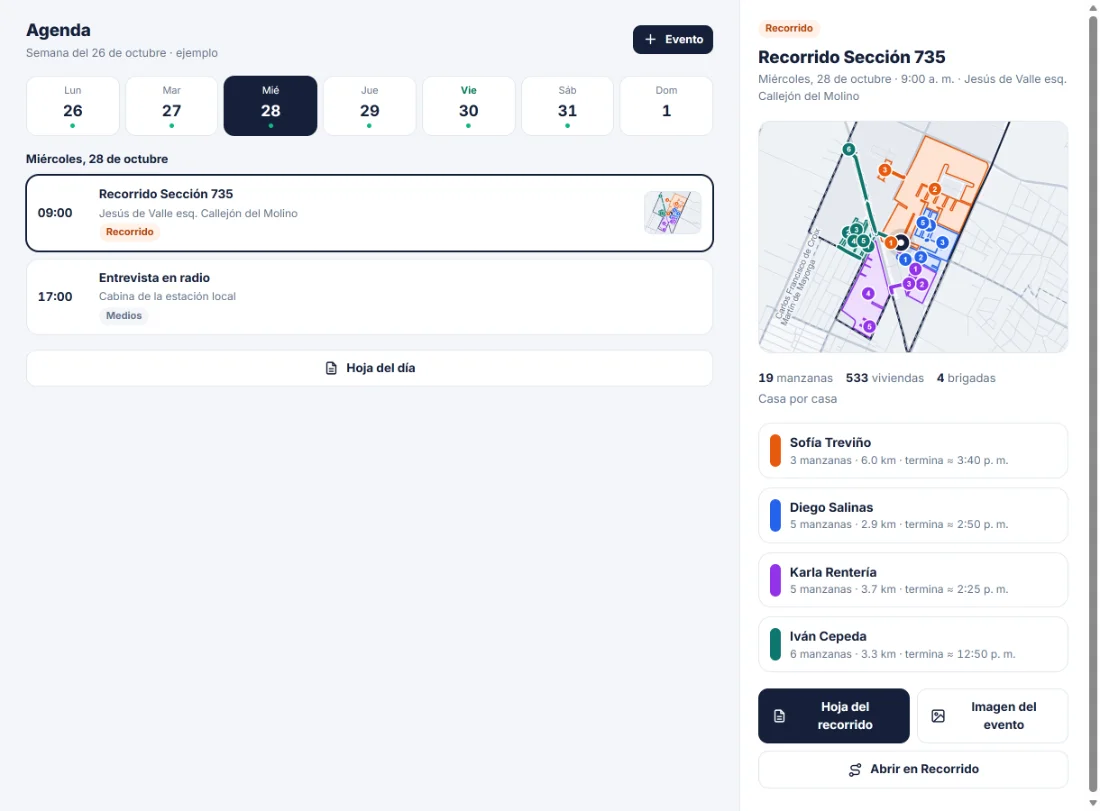 Agenda de la semana con un evento de recorrido y su mapa